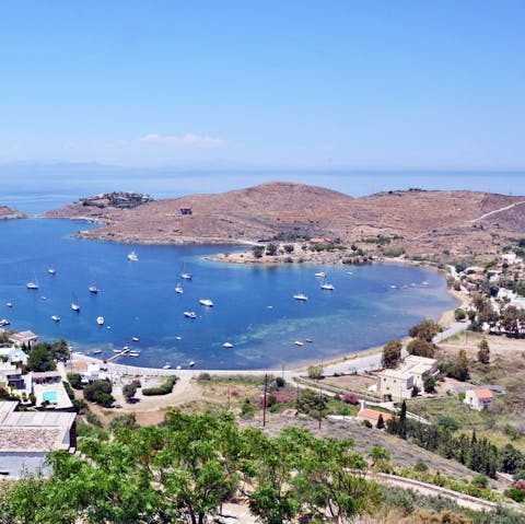 Discover the island of Kea from your scenic location overlooking the Bay of Vourkari