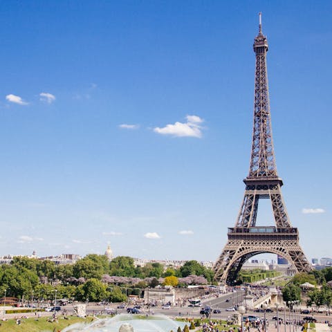 Visit the iconic Eiffel Tower, just a thirty–six–minute walk away