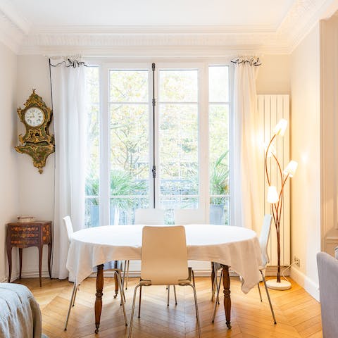 Enjoy some French cheese and wine at the dining area