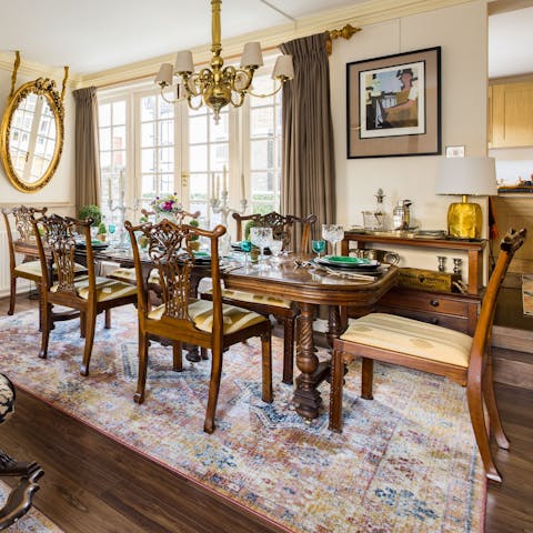 Enjoy a formal dinner in the opulent living and dining space