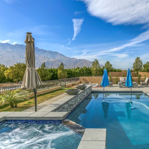 Take in the beauty of the San Jacinto Mountains from the hot tub or pool