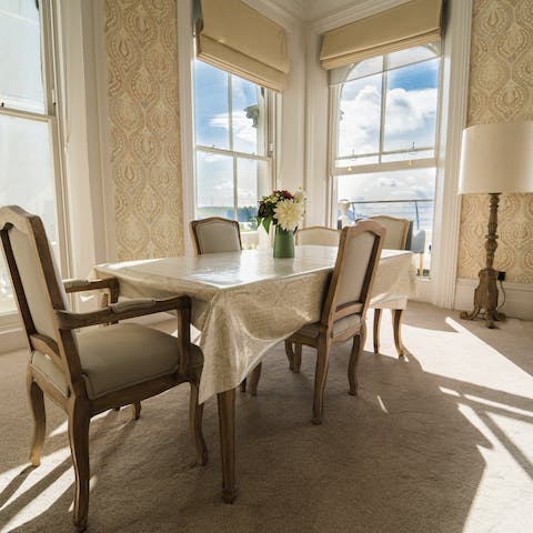 Dine in style in the grand front room, with glorious sea views