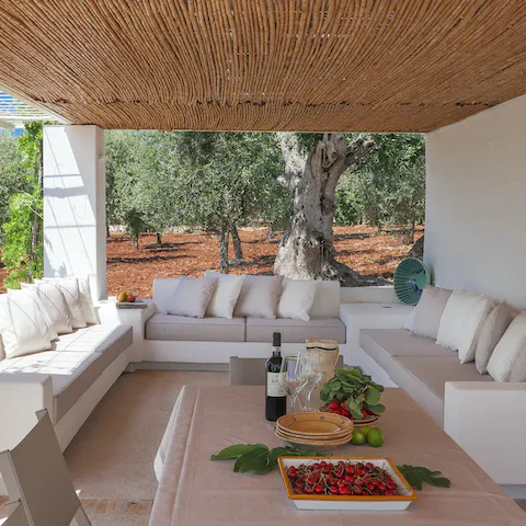 Sip Italian wine and finger food  on the sofas under the shaded pergola 