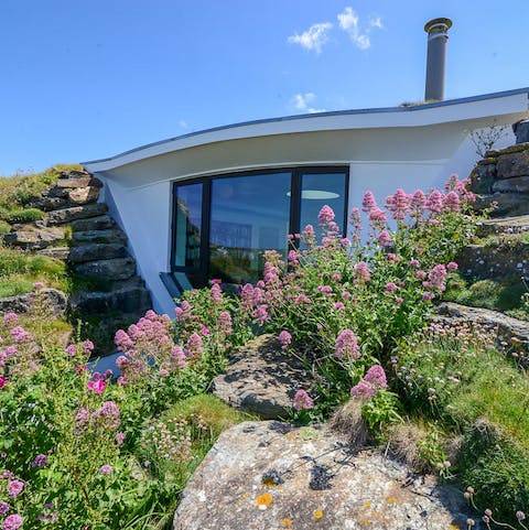 Feel nestled away in this eco-home, hidden amongst flowers and rocks
