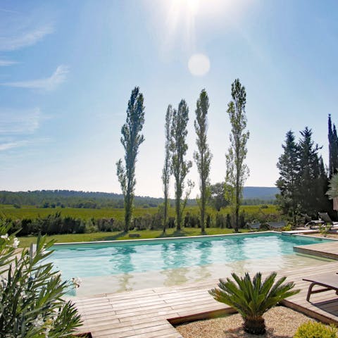 Take in the views over the Mediterranean grounds and vineyards from the shared pool 