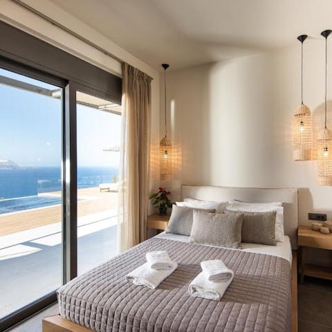 Wake up each morning to Aegean vistas in the main bedroom