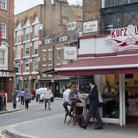 Head into Clerkenwell's bustling streets of cafés and restaurants, just three minutes away
