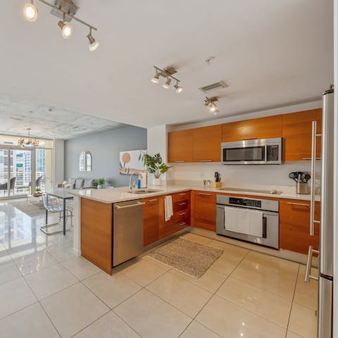 Share seafood meals in the open kitchen and dining space