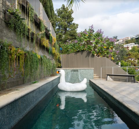 Float in the long pool, but the lush vertical garden