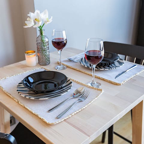 Sit down to romantic meals at the bright dining table