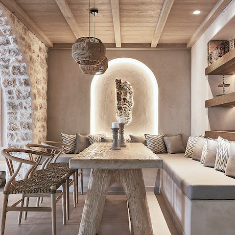 Gather around the dining table to tuck into traditional Cretan feasts in the evenings