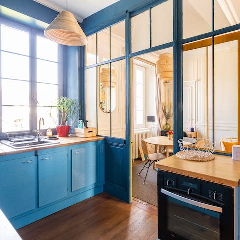 Whip up dinner with some local fish in the cobalt-hued kitchen