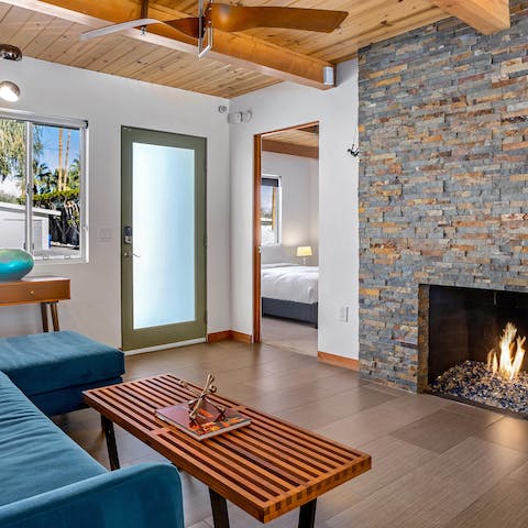 Snuggle up by the warmth of the fireplace