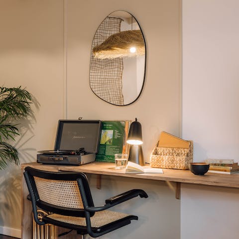 Catch up on work at the living area's desk space