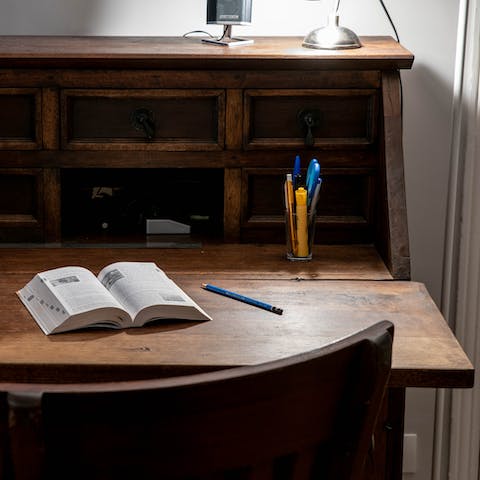 Start writing a novel or catch up on work at the vintage bureau 