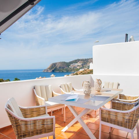 Dine on the terrace with a beautiful view of the sea