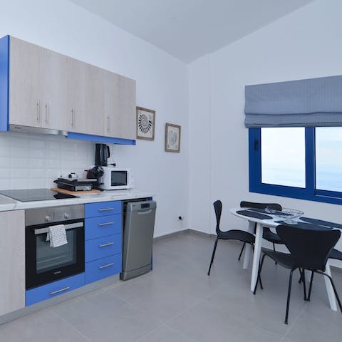 Enjoy homemade gyros in the open plan kitchen and dining space