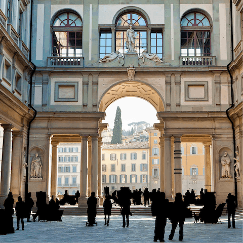 Browse the Italian masterpieces at the Uffizi Gallery, a ten-minute walk away