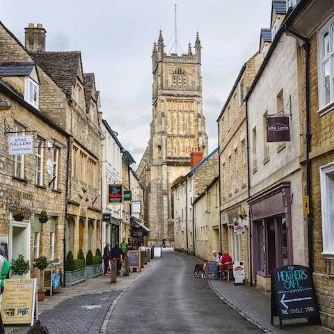 Head to the self-proclaimed Capital of the Cotswolds, Cirencester – just a fifteen-minute drive away