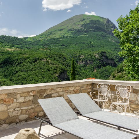 Head to the upper terrace for fabulous views of the Sibillini Mountains