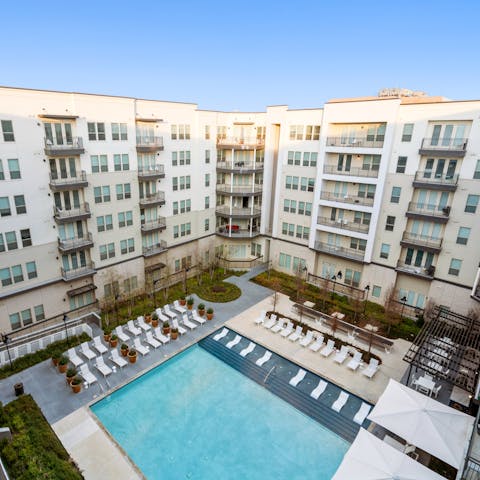 Cool off in the communal pool in the apartment building’s courtyard