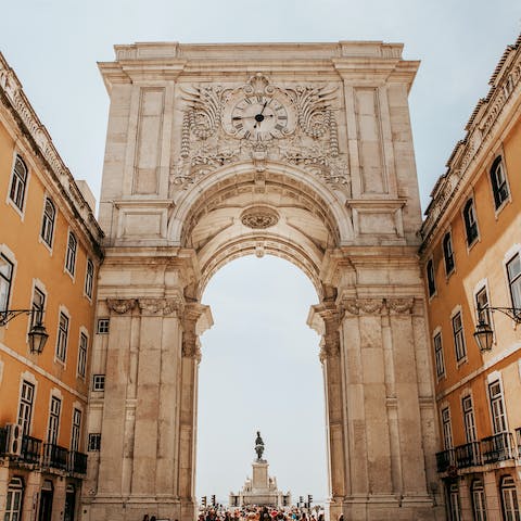 Enter Lisbon's emblematic Praça do Comércio through the elegant and imposing Arco da Rua Augusta – just around the corner