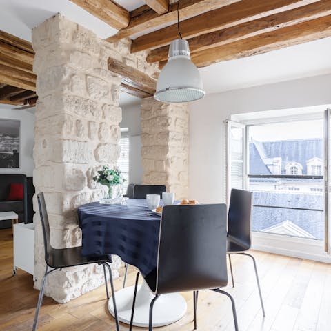 Have a French cheese and wine night from the charming dining area  setting 