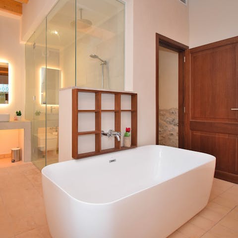 Have a soak in the modern freestanding bath after exploring the island of Mallorca