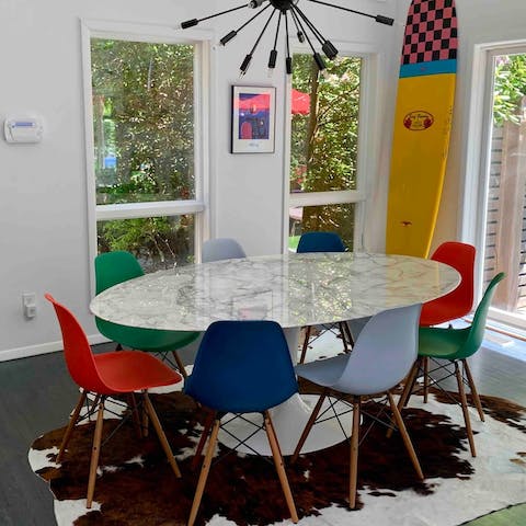 Enjoy a meal in the colourful dining area