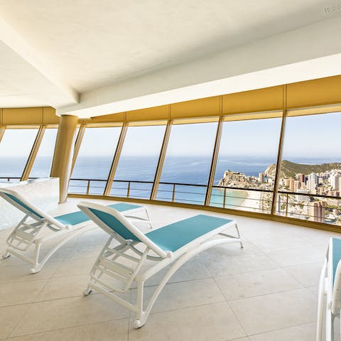Unwind with incredible views on the 46th floor – there's a heated pool, sauna and gym