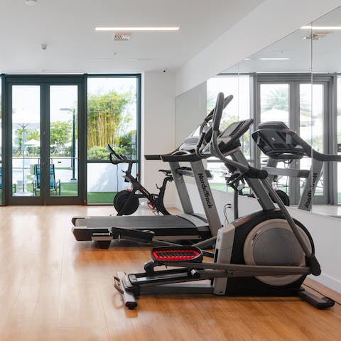 Enjoy a morning workout in the shared fitness centre, complete with free weights and a Peloton bike
