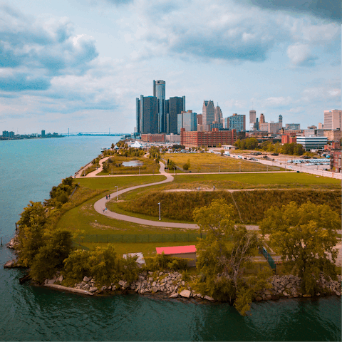 Stroll down to the Detroit Riverwalk in fifteen minutes and continue along the banks