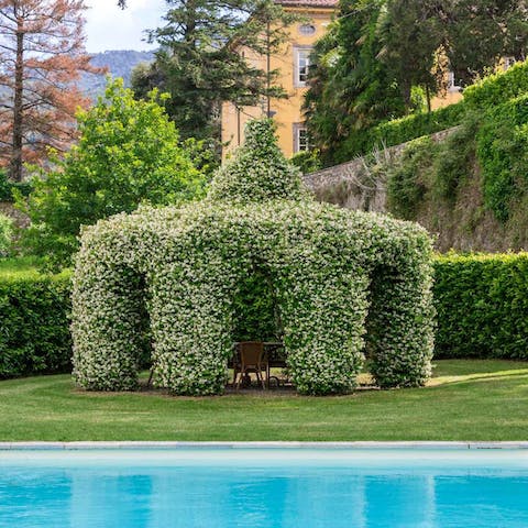 Sip your morning coffee under the jasmine-covered gazebo