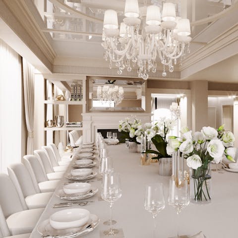 Dine in style beneath a glittering chandelier