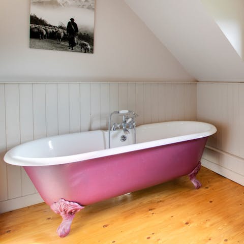 Have a long soak in the bubblegum pink clawfoot bath after a long walk in Snowdonia