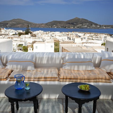 Take in the magnificent views of Naousa bay from the roof terrace