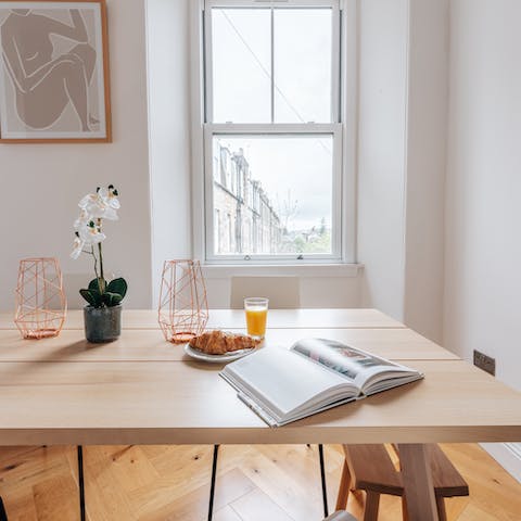 Start mornings off with a hearty breakfast at the Scandi dining table