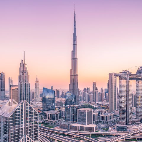 Explore the dazzling city of Dubai, you're within walking distance of the Burj Khalifa