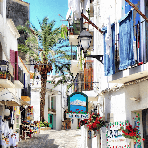 Discover the atmospheric cobbled streets of Ibiza's Old Town, a five-minute drive away