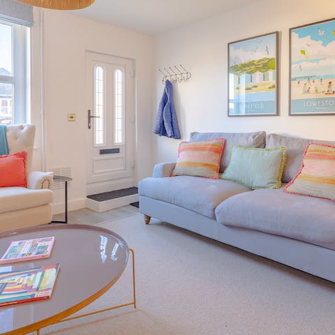 Unwind in the colourful living room after a day of exploring Lowestoft