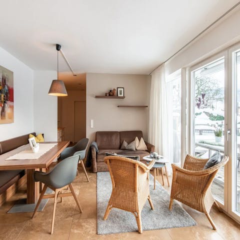 Relax with a steaming mug of cocoa and watch the snow fall from the cosy yet contemporary living area