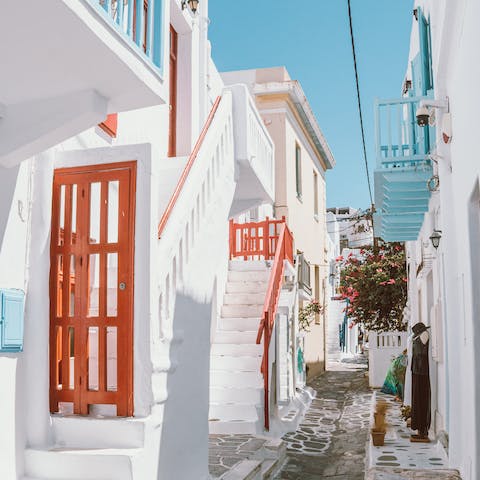 Explore Mykonos Town's array of bars, boutiques and restaurants – it's a thirteen-minute drive away
