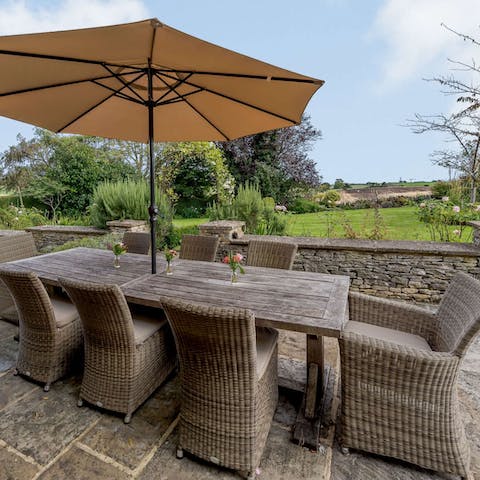 Dine out in the garden with views of the rolling countryside