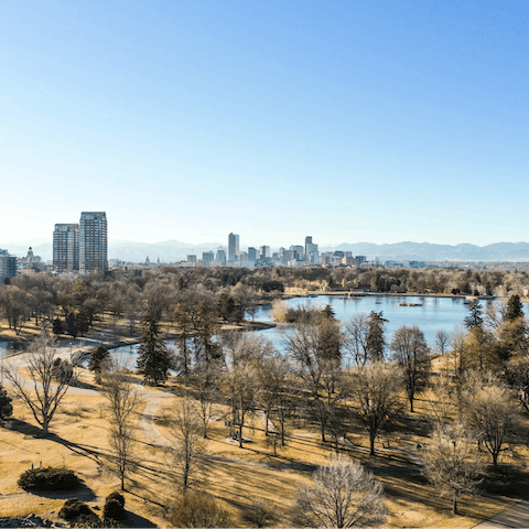Gaze out over the city skyline set against a Rocky Mountain backdrop from the nearby Commons Park, just over half a mile away