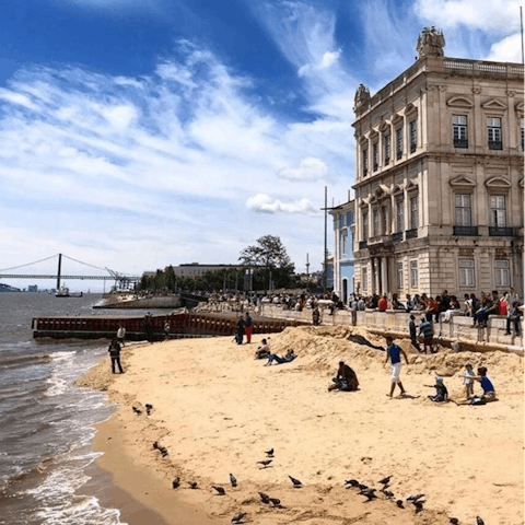 Sunbathe on the banks of the Tagus River, just a six-minute walk away