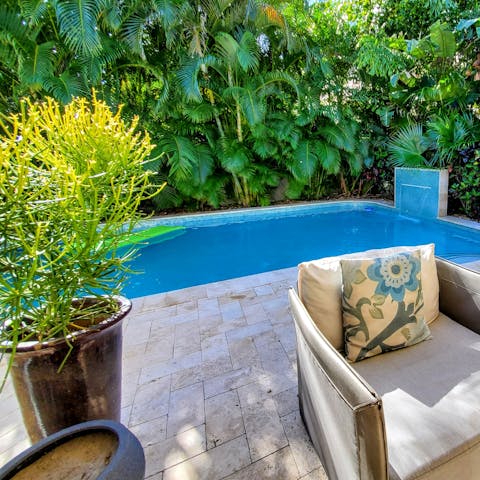 Take a dip in the heated outdoor pool, fully private and with a beautiful waterfall feature