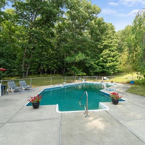 Enjoy a private pool with a bar, bordered by willow trees