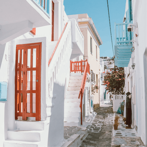 Spend a day exploring the hustle and bustle of Mykonos town – a short drive away