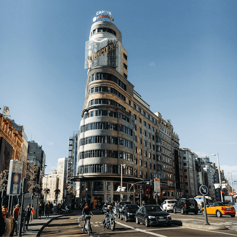 Go designer shopping on Calle Gran Vía, fifteen-minutes on foot