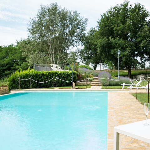 Swim laps in the huge swimming pool to cool off